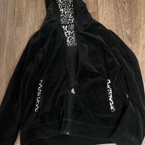 Black Velour Hoodie with Leopard Print Accents